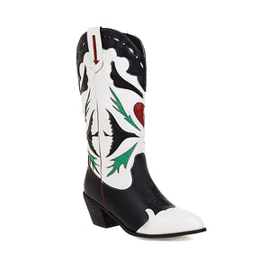 Women color block embroidered hollow chunky heel mid calf boots