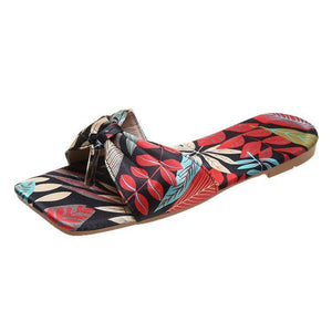 Women leaves printed bow strap square peep toe slide sandals