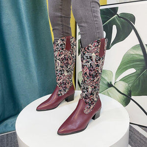 Women pointed toe chunky heel embroidered flower knee high boots