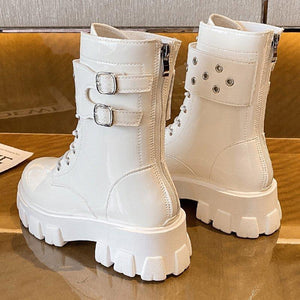 Women solid color short buckle strap lace up chunky platform boots