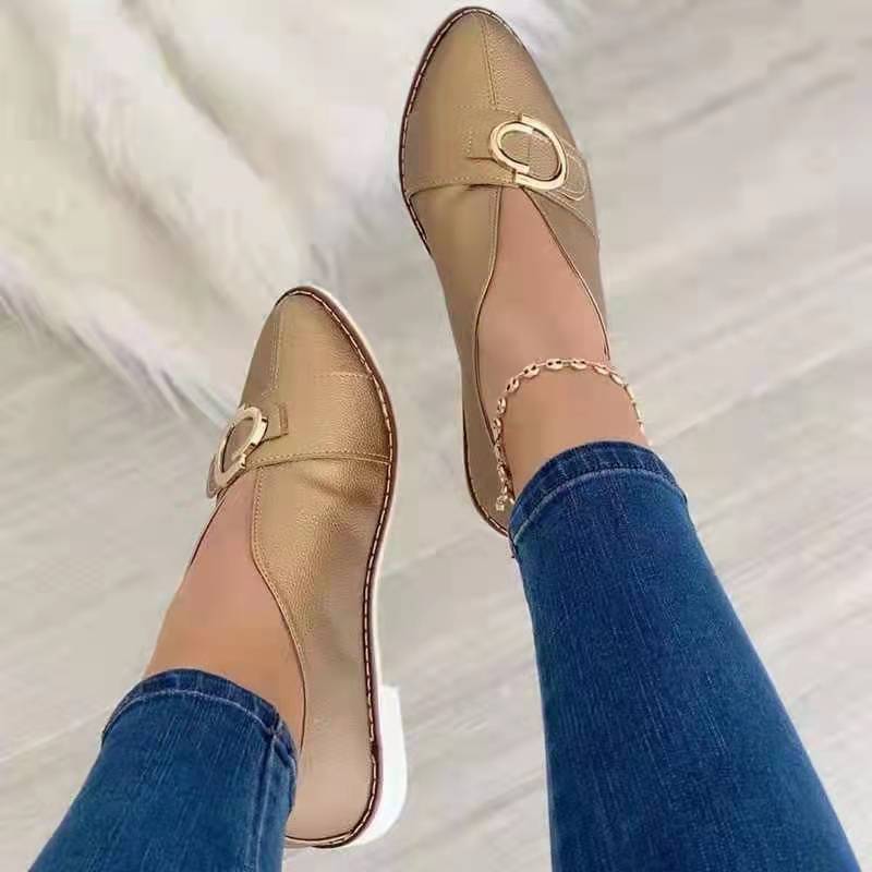 Fashion pointed toe metal buckle v cut slip on loafers women