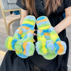 Women's rainbow striped fluffy slippers winter indoor shoes