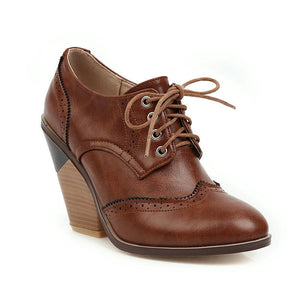 Women lace up oxfords color block England style block heels