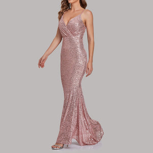 Premium evening gowns sexy v neck wrap sequins fishtail long cami dress | Sleevesless cocktail party prom dresss