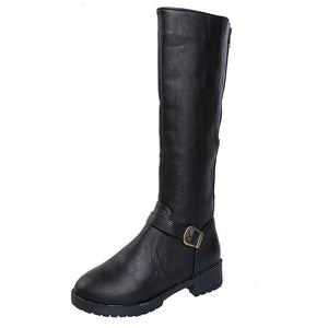 Women chunky heel buckle strap side zipper knee high boots