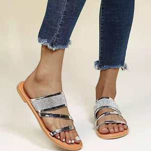 Women metallic shining peep toe flat slides