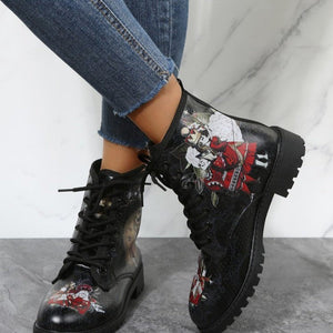 Women printed black boots chunky square low heel lace up ankle boots