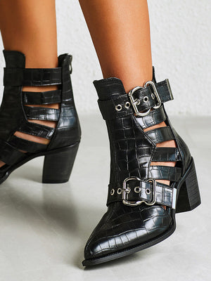 Women ankle boots | Buckle strap pointed toe chunky heel boots | Embossed black boots