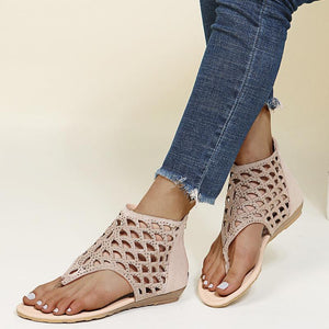 Women rhinestone hollow breathable clip toe back zipper flat sandals