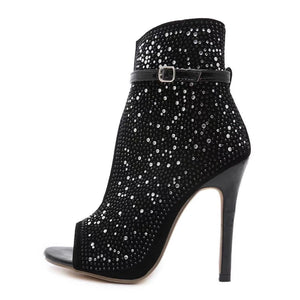 Women peep toe ankle strap black rhinestone  stiletto high heels booties
