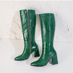 Women crocodile pattern chunky heel pointed toe knee high boots