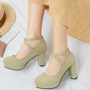 Women solid color chunky high criss cross strap platform heels