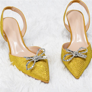 Women rhinestone bowknot pointed toe slingback stiletto heels