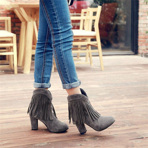 Women chunky high heel pointed toe short fringe boots