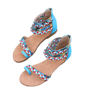 Women woven color block back zipper beach flat sandals