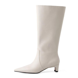 Women chunky medium heel pointed toe slip on knee high boots