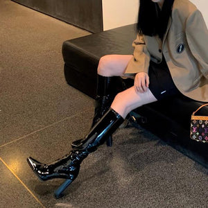 Women knee high square toe chunky high heel black boots