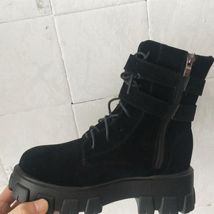 Women punk chunky platform lace up buckle strap black boots