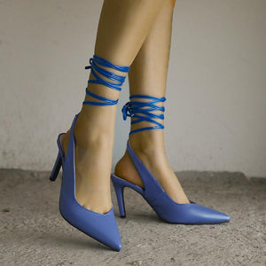 Women pointed toe slingback stiletto lace up strappy heels