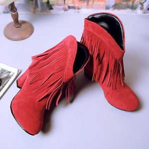 Women chunky high heel pointed toe short fringe boots