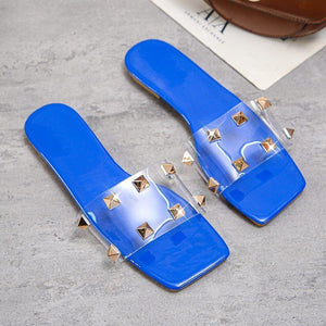 Women summer beach studded clear strap square peep toe slide sandals