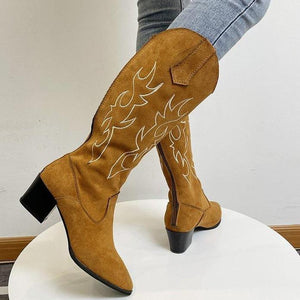 Women chunky heel embroidered mid calf cowboy boots