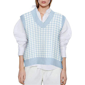 Winter fall pullover knit v neck plaid sweater vest women