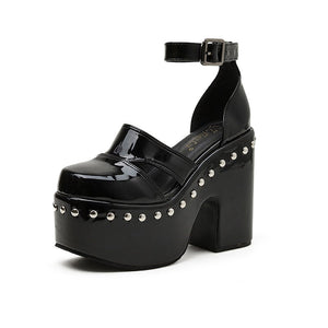 Women studded closed toe hollow balck chunky platform heels