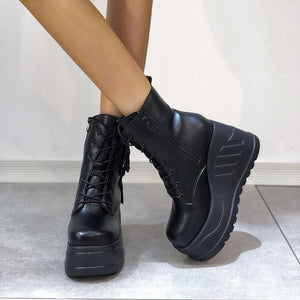 Women black lace up short pocket buckle strap chunky platform boots