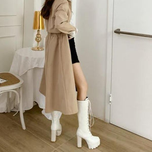 Women knee high chunky heel platform lace up boots