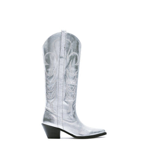 Women silver cowgirl boots | Embroided chunky heel knee high boots | Side zipper chelsea boots