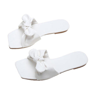 Women bowknot square peep toe summer flat slide sandals