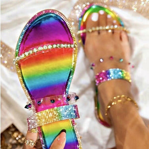 Women summer colorful rhinestone strap flat slide beach sandals