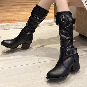 Women knee high boots vintage buckle strap slip on chunky heel boots round toe