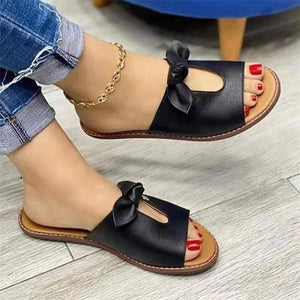 Women bow peep toe summer flat slide sandals