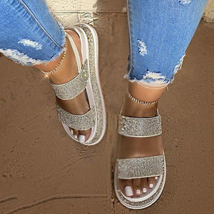 Women rhinestone two strap chunky platform sandals