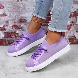 Women knit solid color white flat heel lace slip on sneaker