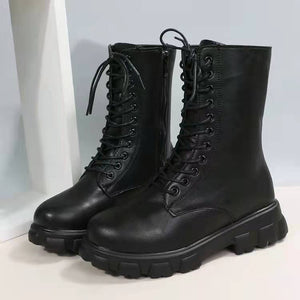 Women combat boots England style mid calf chunky platform boots with side zipper