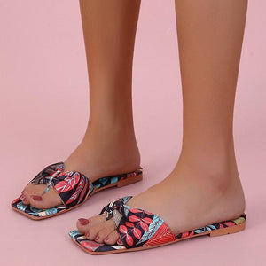 Women leaves printed bow strap square peep toe slide sandals