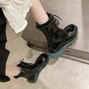 Women fashion motorcycle black lace up chunky platform boots