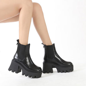 Women chunky platform slip on black chelsea boots