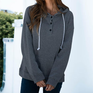 Women solid color button collar hoodie sweatshirt with pocket