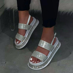 Women rhinestone two strap chunky platform sandals