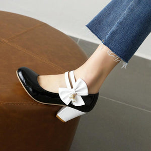 Women bowknot rhinestone strap closed toe slip on chunky heels