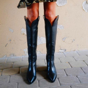 Women pointed toe chunky heel black knee high boots