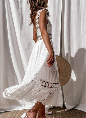 White lace panel sleevesless A-line large swing maxi dress | Summer party dress