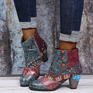 Women retro flowers printed side zipper chunky high heeled booties