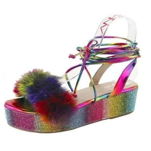 Women fluffy sparkly rhinestone platform strappy lace up sandals