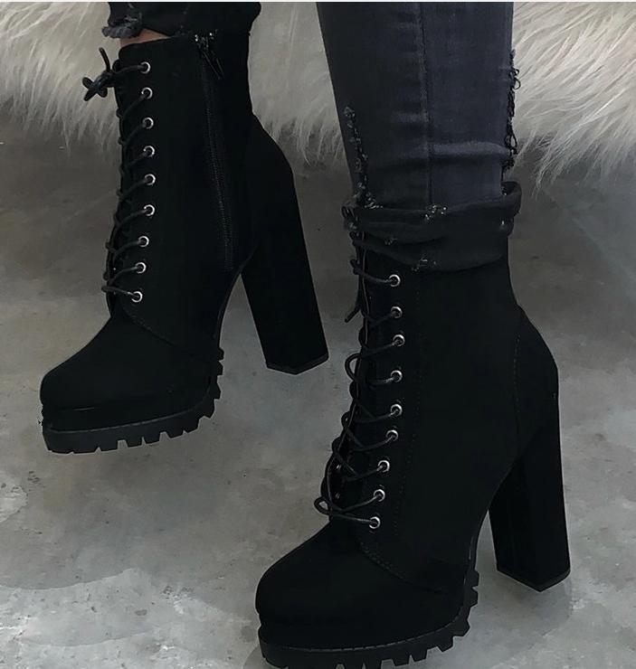 Women black chunky heel platform lace up side zipper combat boots