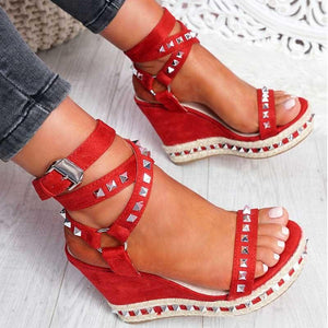 Women studded ankle criss cross buckle strap wedge sandals